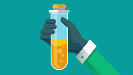 A gloved hand holding a glass vial filled with a small but crucial sample of crude oil ready to be tested for its chemical properties.. Vector illustration
