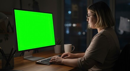 Woman Typing on Computer with Green Screen at Night in Office