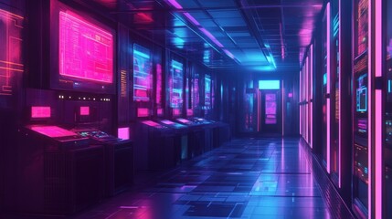 Fototapeta premium Exploring Futuristic Server Room with Neon Lights and Advanced Technology