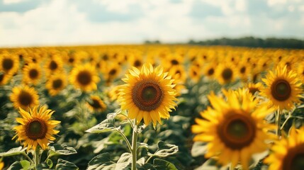 Obraz premium A vast field of sunflowers in full bloom under a partly cloudy sky.