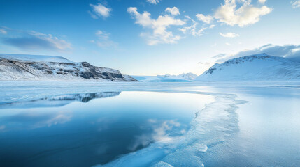 Fototapeta premium Textured background of blue ice on smooth surface of frozen lake water in winter in vatnajokull national park
