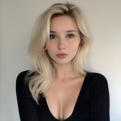 A photograph of a blond woman in a black top posing for the camera, Generative AI