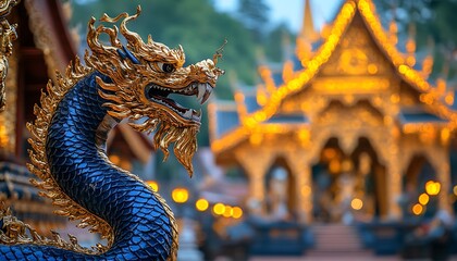 Fototapeta premium Dragon statue at Thai temple at dusk