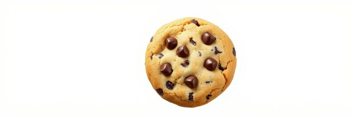 Freshly baked chocolate chip cookie placed on a white background perfect for dessert lovers