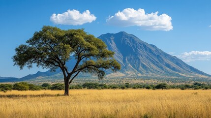 Lonely tree in golden savanna, majestic mountain backdrop