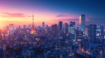 Obraz premium Tokyo Cityscape Aerial View with the Iconic Tower at Sunset