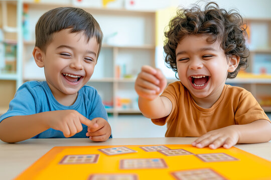 Two laughing preschool boys playing educational card game at table