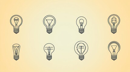 Set of vector outline icons of light bulbs with various symbols of creative thinking