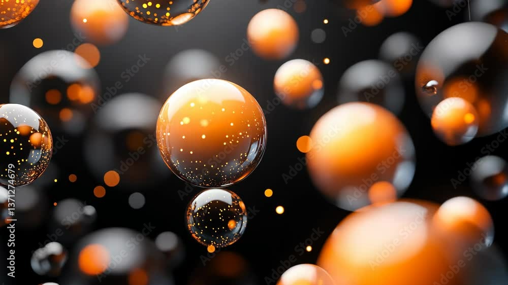 Poster floating spheres in vibrant orange and black create a mesmerizing visual effect in an abstract compo