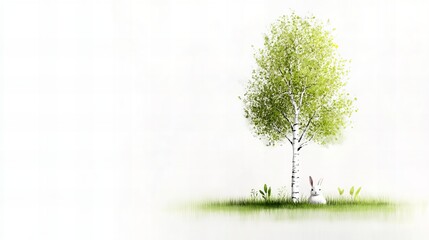 Fototapeta premium White rabbit rests near a birch tree surrounded by green grass in an illustration.