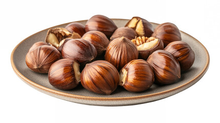 Obraz premium A plate of roasted chestnuts with their shells slightly cracked isolated on a transparent background