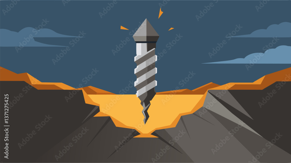 Poster a drill bit shattering through a layer of rock signaling a breakthrough in the drilling process and 