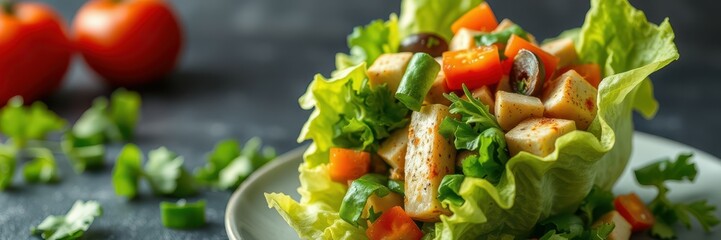 Fresh vegetable salad served in crisp lettuce leaves with vibrant tomatoes and herbs for a healthy meal option