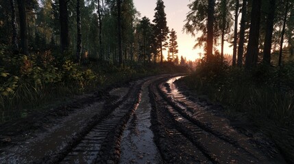 Fototapeta premium Serene muddy forest path at sunset with lush greenery and soft light illuminating the scene