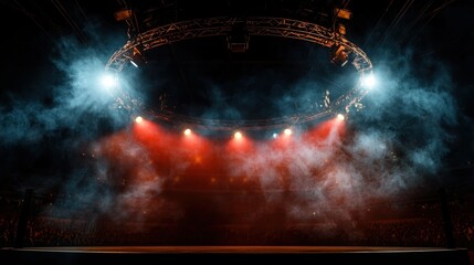 Dramatic wrestling arena illuminated by colorful lights and smoke, with an eager crowd in the background