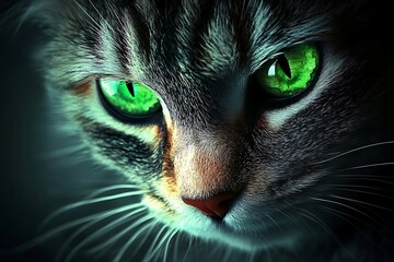 Lovely zoom-in of a cat with bright green eyes gazing softly under gentle light with rich texture  
