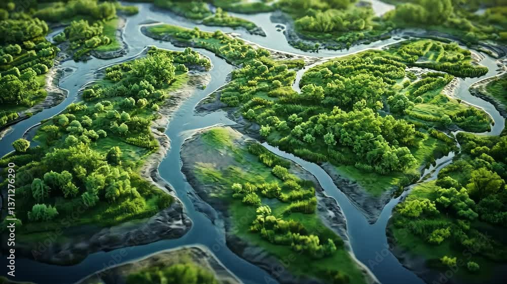 Poster view of a winding river delta, with multiple channels flowing through a lush, green landscape, creat