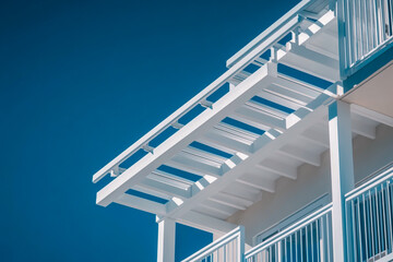 Obraz premium The white metal roof of an apartment building is seen from a distance, set against a vibrant deep blue sky, showcasing modern architecture and clean lines.