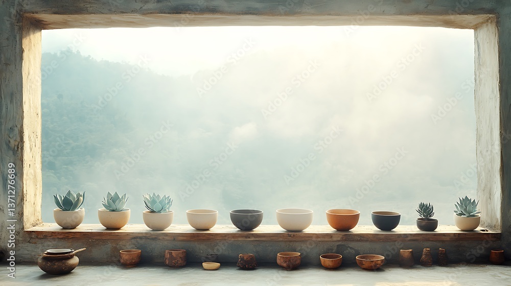 Poster rustic window view with plants and bowls