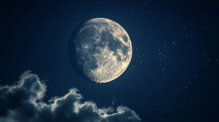 Fototapeta premium Amazing scenery of white glowing moon with craters in black sky with clouds at night