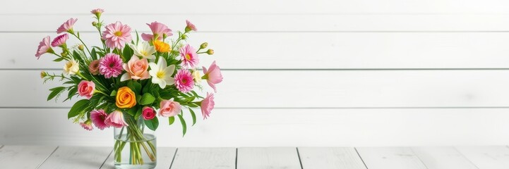 Colorful bouquet of various flowers in a glass vase on a wooden table against a white backdrop