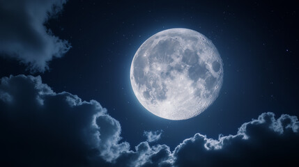 Amazing scenery of white glowing moon with craters in black sky with clouds at night