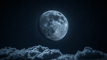 Naklejka premium Amazing scenery of white glowing moon with craters in black sky with clouds at night