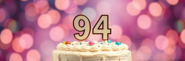 Celebrating a 94th birthday with a decorated cake and colorful bokeh background
