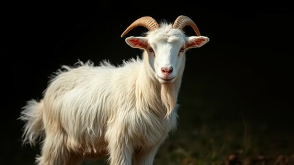 Fototapeta premium White goat with twisted horns stands calmly in a dark setting, showcasing its fluffy coat and curious expression during daylight