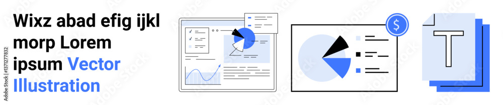 Aufkleber graphs, pie charts, text blocks, and financial icon highlight analytics and reporting. ideal for bus