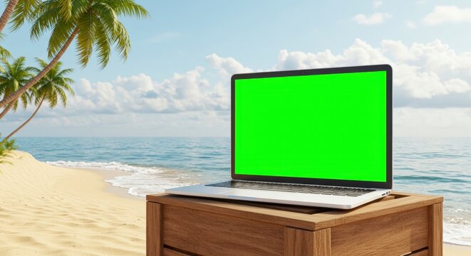 Laptop with Green Screen at Beach on Sunny Day Relaxation