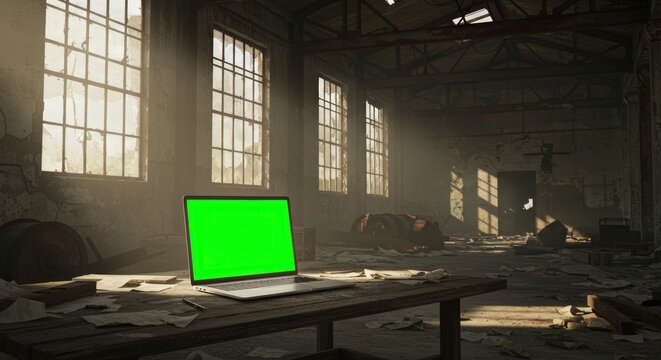 Laptop with Green Screen Display in Abandoned Industrial Building Interior