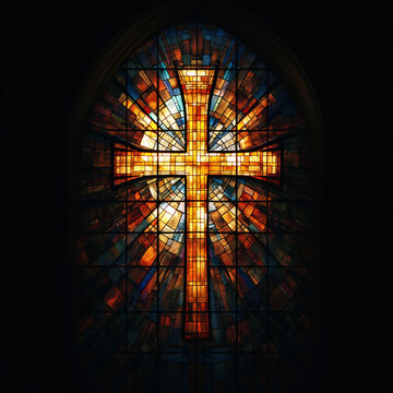 Golden christian cross shining through stained glass window in church