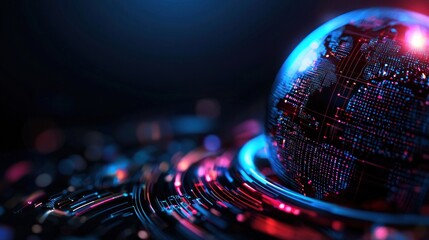 Futuristic digital globe surrounded by vibrant light patterns and abstract technology elements