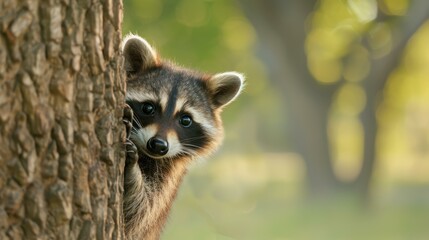 Obraz premium Adorable raccoon climbs a tree, showcasing its furry face and curious nature in a vibrant forest park setting.