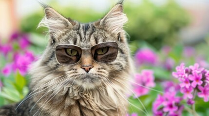 Fototapeta premium Adorable kitty poses in a vibrant spring garden, flaunting stylish shades amidst blooming purple flowers.