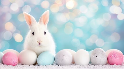 Adorable bunny with colorful eggs, capturing the essence of spring and Easter festivities in a delightful setting.