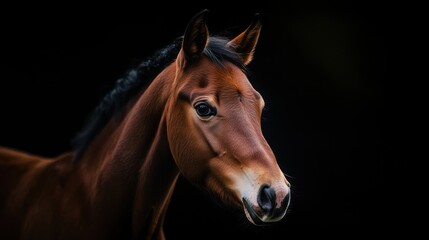 Obraz premium Close-up portrait of a majestic horse against a dark background, showcasing its features and elegance