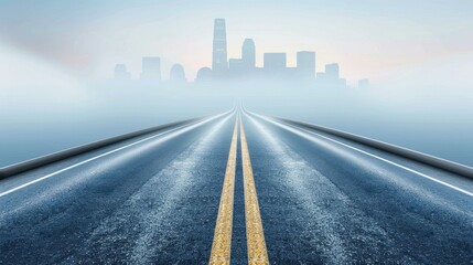 Obraz premium A smooth asphalt road directs the eye toward a misty city skyline, evoking a sense of adventure at dawn.