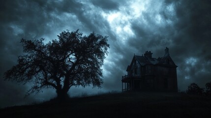 Abandoned Victorian mansion on a hill under a stormy sky.