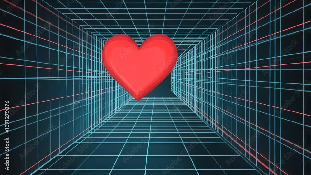 Poster heart shape floats in a digital tunnel with neon grid lines and glowing edges