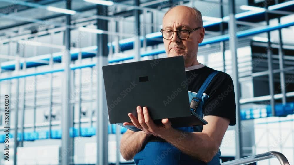 Aufkleber elderly engineer uses laptop in smart factory to test automated systems, ensuring reliability. exper