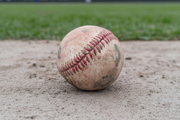 A baseball is sitting on the ground with a red stitching