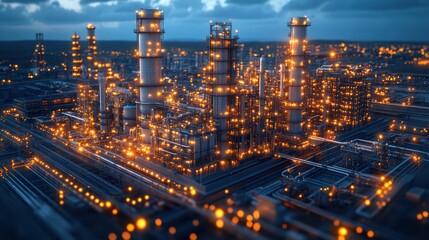 Fototapeta premium Night View of an Illuminated Industrial Refinery Complex