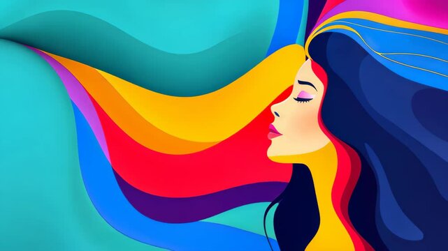 A vibrant, abstract background enhances the womans face in a modern, cartoonstyle illustration with rich textures.