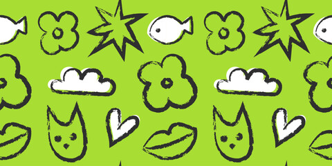 Seamless pattern with doodle elements and kids decorative objects, icons. Hand drawn ink simple sketch symbols isolated on a trendy green background. Line art. Vector illustrations
