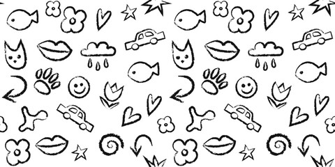 Set of doodle elements with arrows, smiles, kids decorative objects and icons. Hand drawn ink simple sketch symbols isolated on a white background. Line art. Vector illustrations