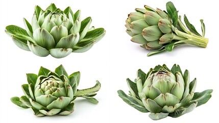 Four fresh artichokes isolated on white.