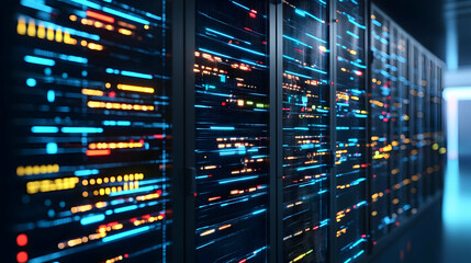 Naklejka premium Data Center Server Room With Glowing Code And Lights