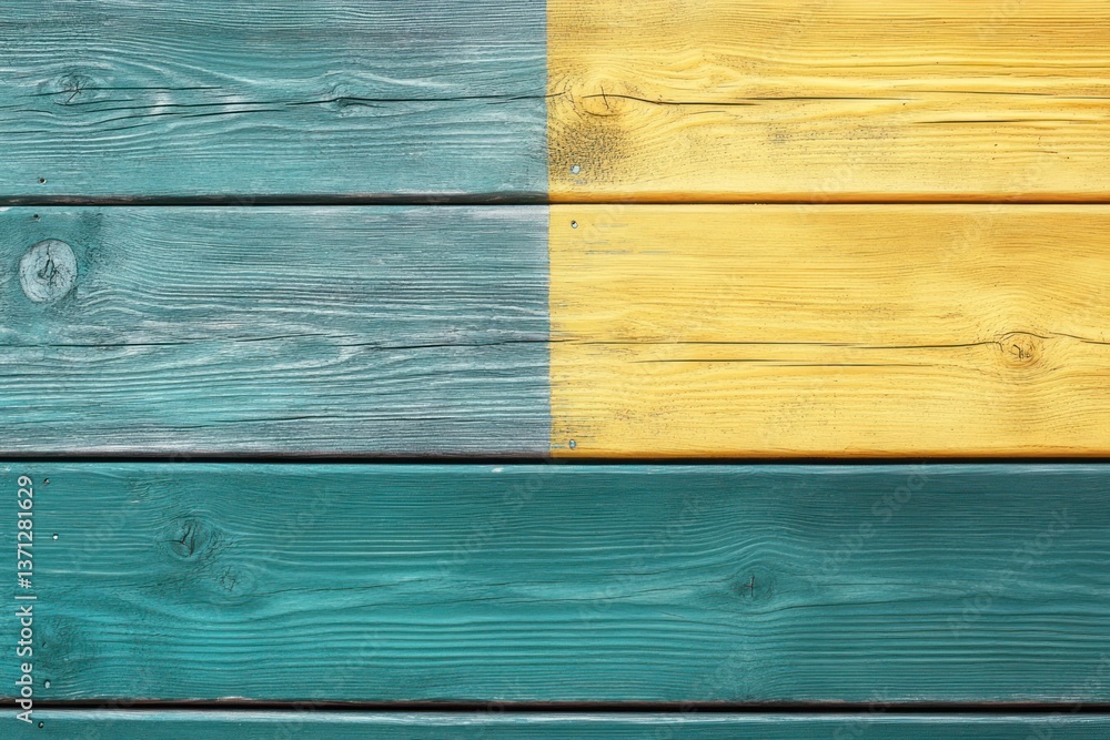 Poster horizontal planks of wood painted in teal and yellow create bold striped pattern. modern rustic text